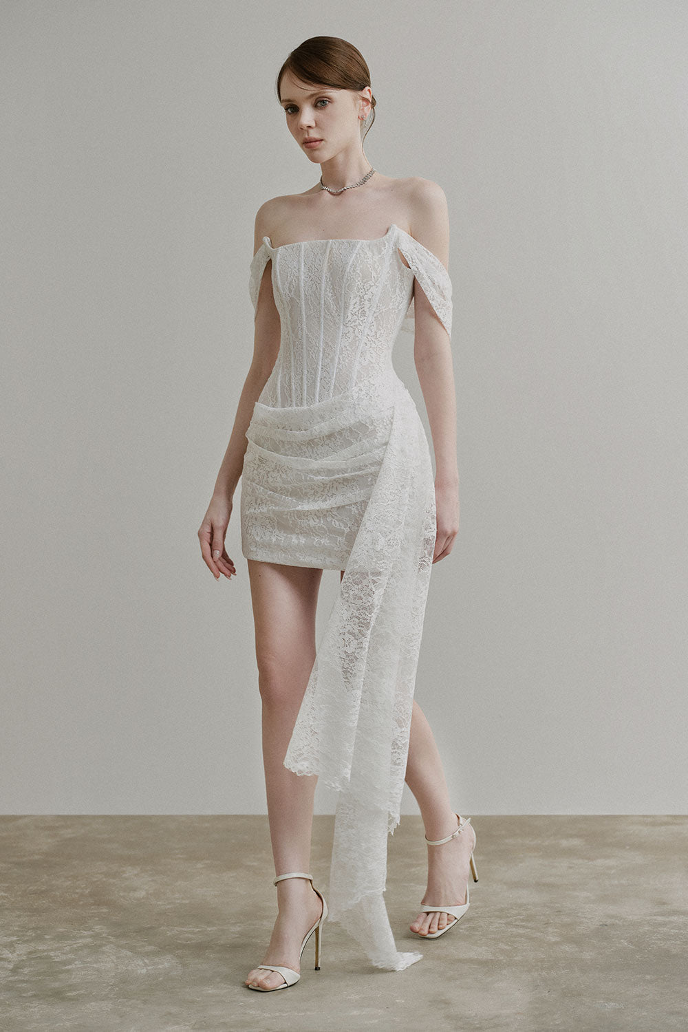 Mila A-line Off-Shoulder Chantilly Lace Mini Dress