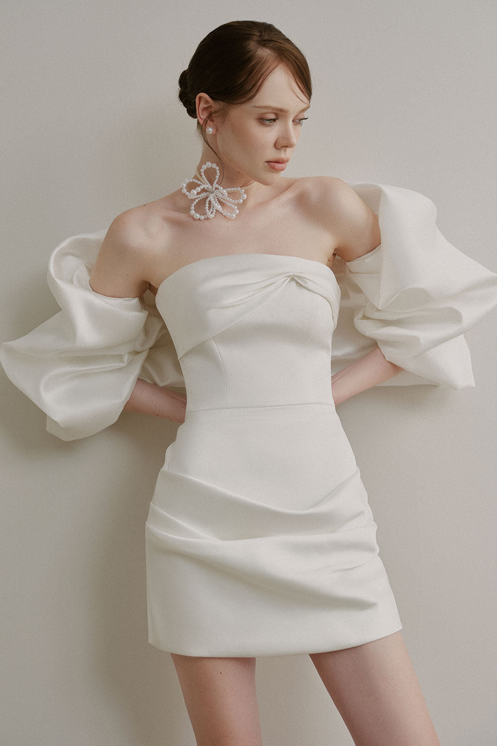 Melanie A-line Open Shoulder Duchess Satin Mini Dress