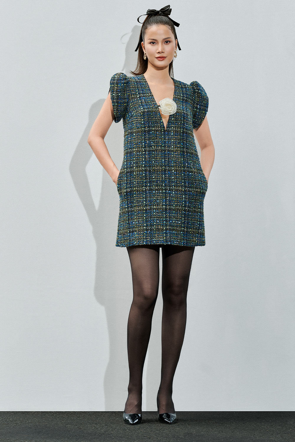 Paris Straight Puffy Sleeved Tweed Mini Dress